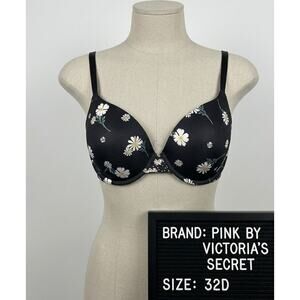 Pink By Victoria's Secret Black Daisy Floral Wear Everywhere T Shirt Bra 32D VS